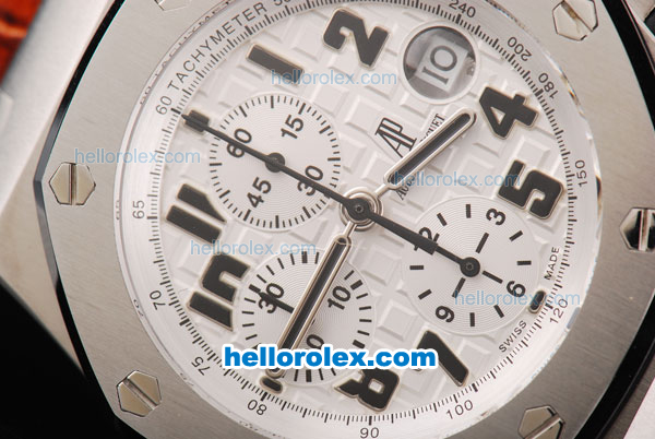 Audemars Piguet Royal Oak Chronograph Swiss Valjoux 7750 Movement White Dial with Black Numeral Marker and Brown Leather Strap - Click Image to Close